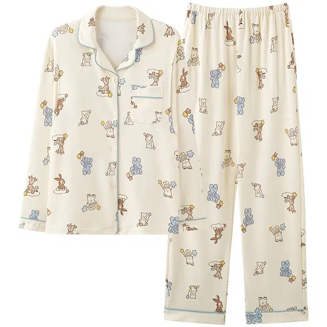 莫代尔 亲肤透气带胸垫长袖休闲长裤睡衣套装 女款 杏色