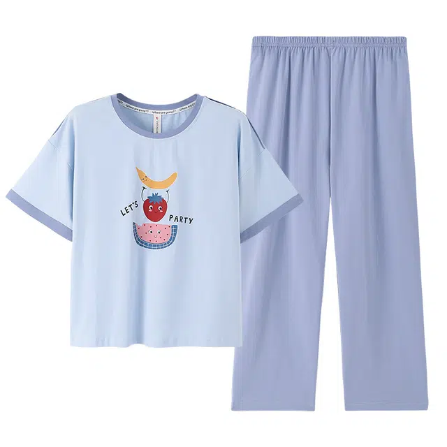 芬腾 简约亲肤舒适圆领套头短袖可爱休闲可外穿长裤睡衣套装 女款