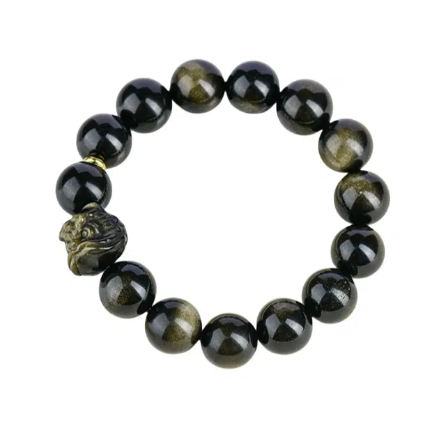 凯真 醒狮开运金曜石转运珠招财进宝 国潮古风新中式简约气质高级感 黑曜石 手串 男女同款情侣款 节日礼盒