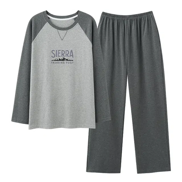 莫代尔 韩系纯色简约时尚条纹经典舒适亲肤休闲家居服套头圆领长袖上衣松紧带双口袋长裤可外穿睡衣套装 男款 浅花灰