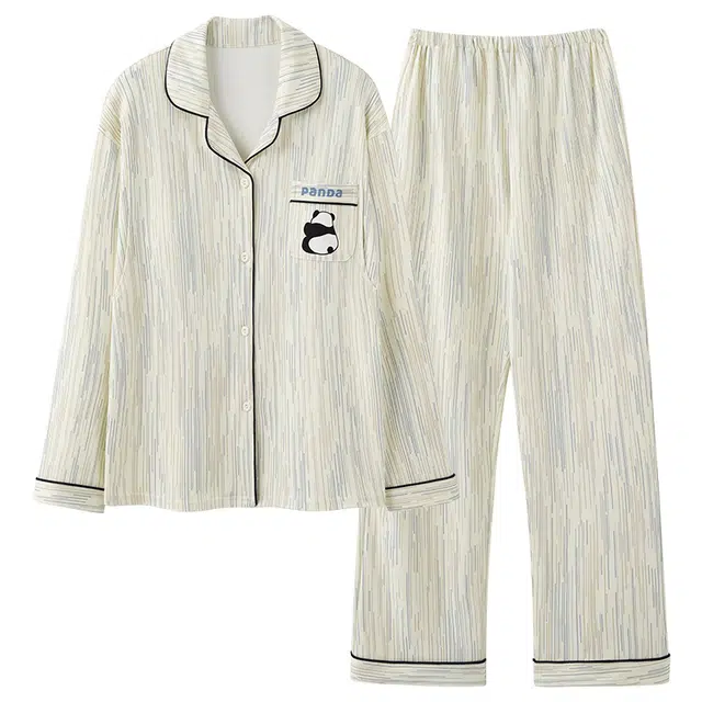 莫代尔 简约舒适柔软亲肤透气耐磨带胸垫防凸点细腻纽扣不伤手两侧哺乳口月子服长袖可调节裤腰长裤睡衣套装 女款 杏色