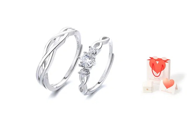 白卷 一对长相厮守小众简约曲线记忆镶钻镂空交织 锆石 戒指 男女同款情侣款