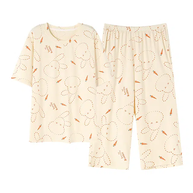 莫代尔 舒适亲肤柔软高透气短袖弹力裤腰休闲七分裤可外穿睡衣套装 女款 杏色