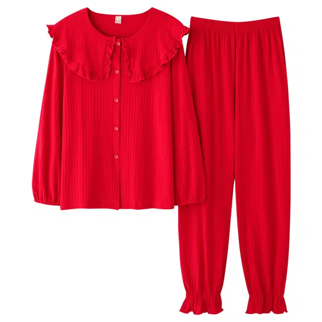 莫代尔 甜美韩版时尚亲肤舒适可外穿睡衣套装 女款 红色