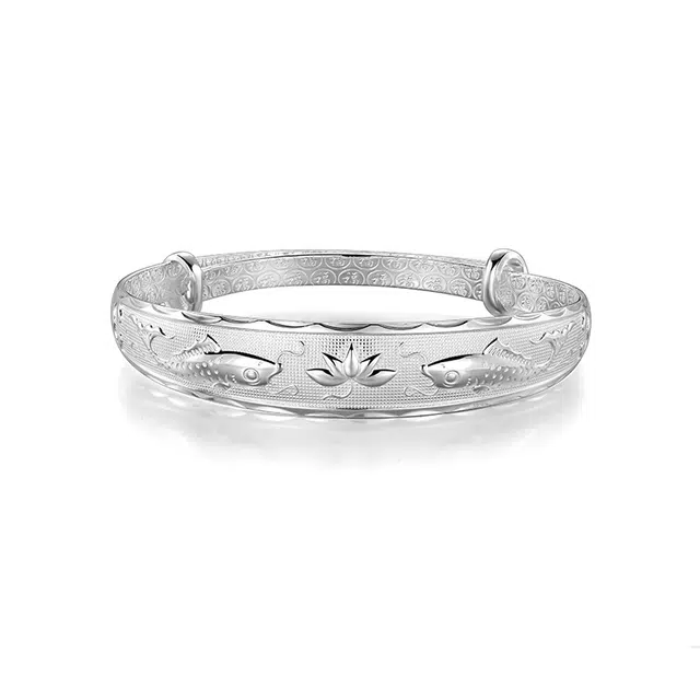 千之银 古法手工 锦鲤戏莲 优雅 新中式国潮风可调节 足银 手镯 女款