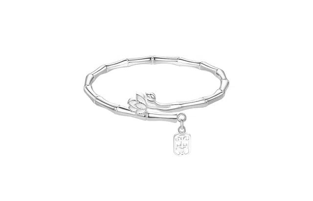 牧言 国潮复古新中式森系气质简约小众设计高级感 光面立体竹节莲花镂空平安字牌流苏开口手饰 合金 步步生莲手镯 女款