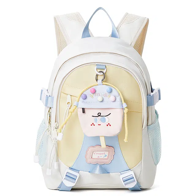 音魅 大容量休闲简约通勤 织物 双肩包 大号 女款 米白/粉色