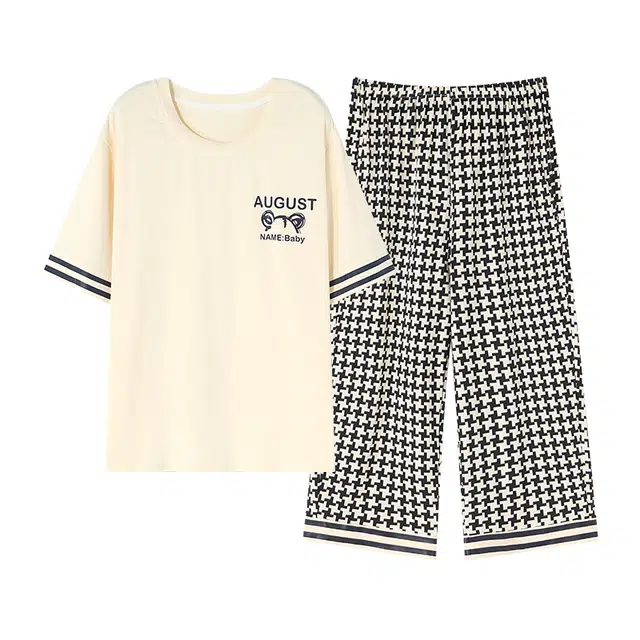 莫代尔 舒适亲肤细腻柔软透气微弹耐磨吸湿排汗短袖弹力裤腰不勒腹七分裤休闲可外穿睡衣套装 女款 杏色