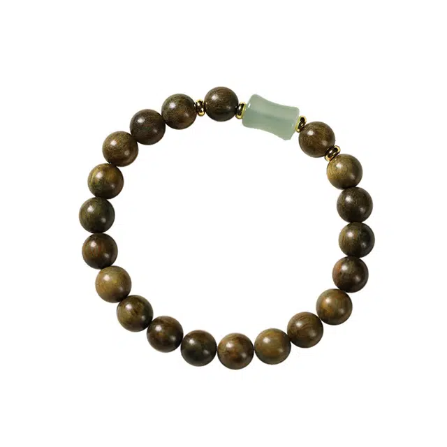 岁月静好 新中式国潮复古民族风素雅个性圆珠单圈佛珠禅意盘玩节节高升文玩念珠 玉髓 木作手串 男女同款情侣款 绿檀