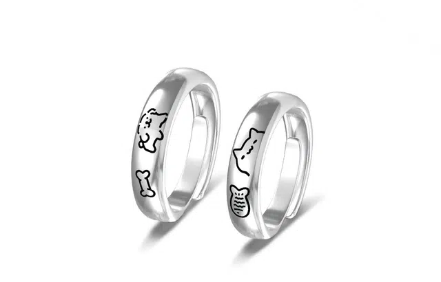 大唐国鼎 猫狗日记日常可爱猫猫小鱼干狗狗啃骨头线条开口可调节 合金 戒指 男女同款情侣款