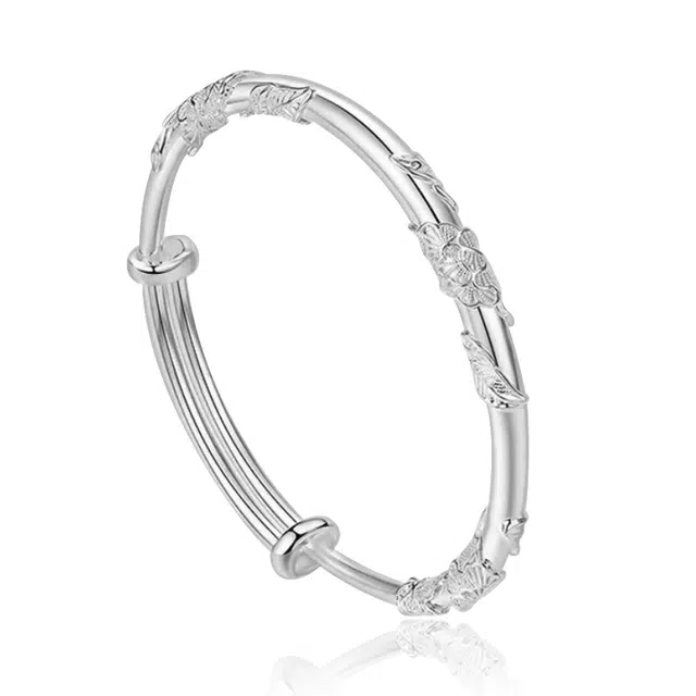 谧月珠宝 繁花似锦 推拉年轻  小众高级感 可调节素圈叠戴 实心简约 新中式小众高级感 国风雕刻轻奢古法 合金 手镯 女款