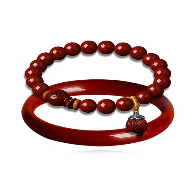 饰伴 温婉气质莲花国潮复古轻奢新中式 再造辰砂朱砂 玉石手镯 男女同款情侣款