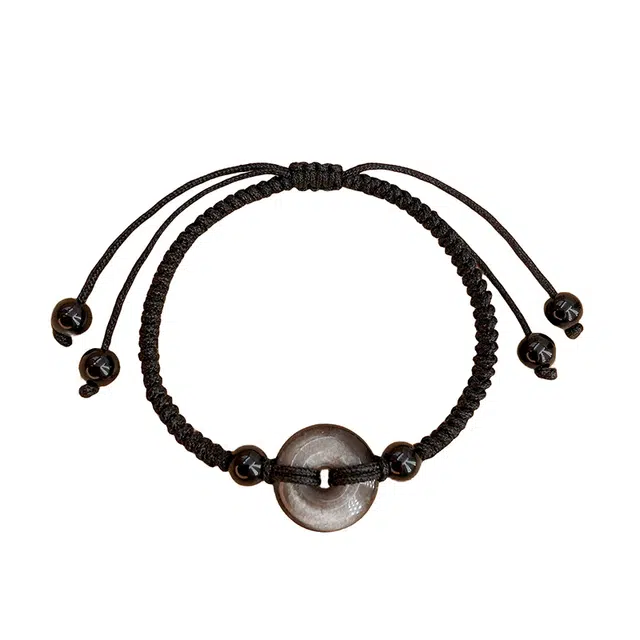 周百福 平安扣 国潮新中式国风平安扣招财转运珠手工编织黑绳 黑曜石 手链 男女同款情侣款