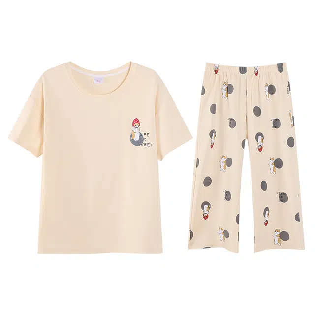 歌倩雅 短袖七分裤可爱甜美睡衣套装 女款 杏色