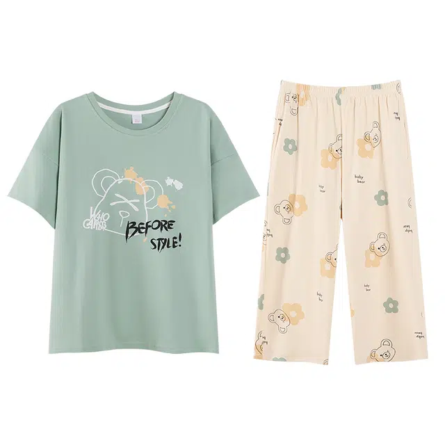 歌倩雅 纯棉短袖七分裤高级感加大码家居服睡衣套装 女款 图色