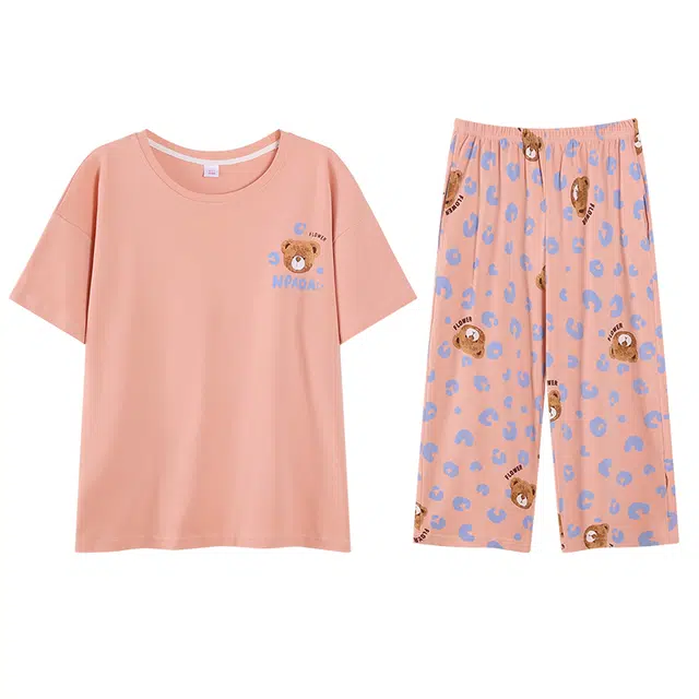 歌倩雅 纯棉短袖七分裤可爱家居服睡衣套装 女款 图色