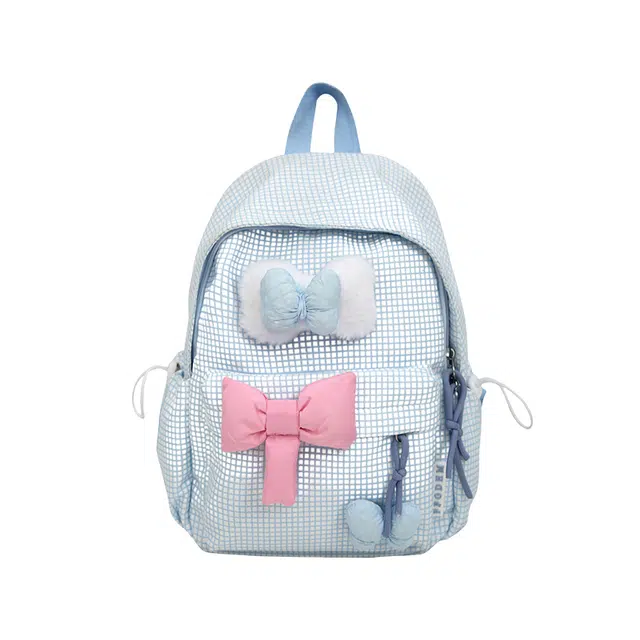 爱尔绅特 韩系少女心蝴蝶结清新格子简约可爱软妹校园 尼龙 双肩包 女款 蓝色/紫色/绿色/粉色/黑色