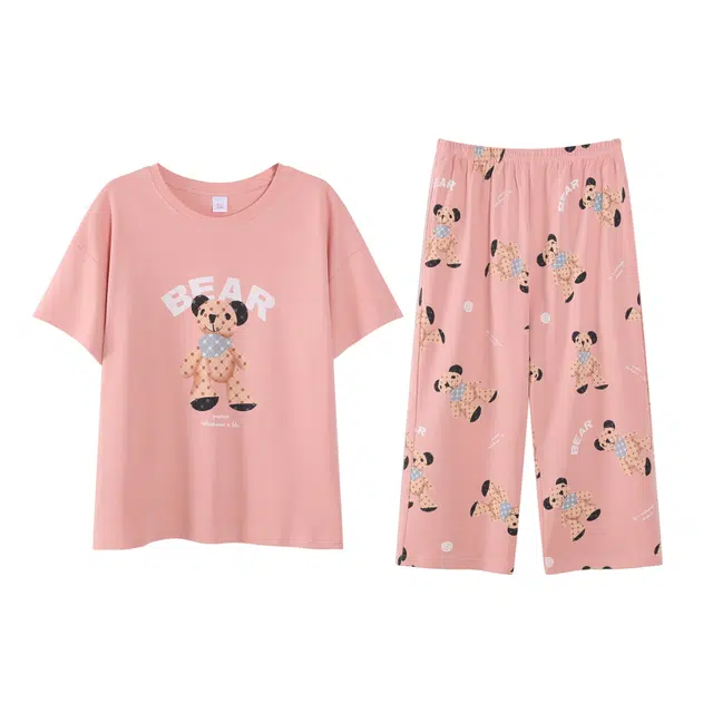 歌倩雅 舒适休闲透气短袖七分裤睡衣套装 女款 粉色