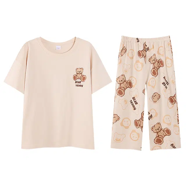 歌倩雅 纯棉圆领短袖舒适透气七分裤睡衣套装 女款 杏色