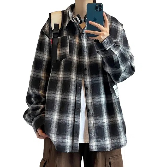 悍戈 美式复古多彩格纹嘻哈满印口袋翻领休闲宽松重磅长袖衬衫 男女同款