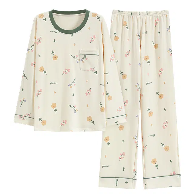 俏霓桐 甜美花蕾亲肤舒适柔软带胸垫长袖休闲睡衣套装 女款 杏色