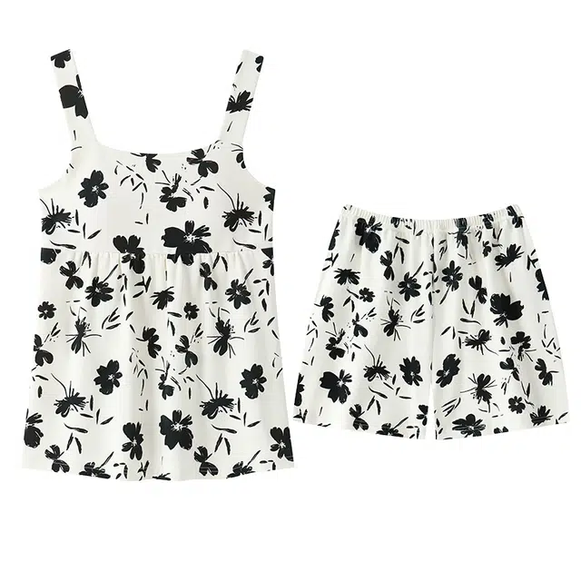 雅鹿 性感无袖吊带短裤小心机少睡衣套装 女款 黑白碎花