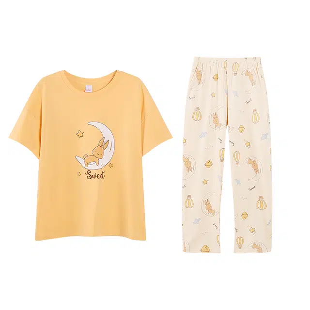 歌倩雅 舒适透气纯色休闲短袖长裤睡衣套装 女款 黄色