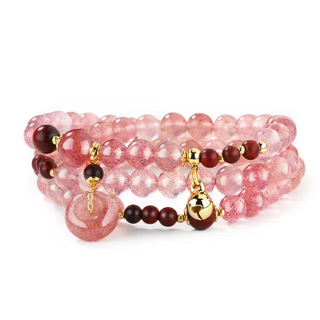凤凰涅磐 国风 粉嫩佳人 新中式草莓晶平安扣 紫檀佛珠 招桃花 木质佛珠 多圈三圈叠戴 水晶 玉石手串 女款 礼盒