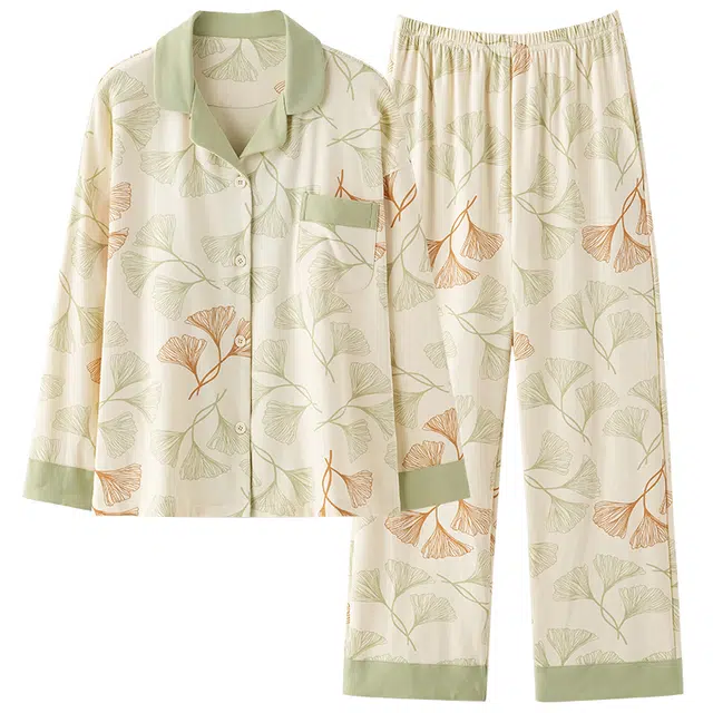 雅鹿 纯棉舒适透气简约印花睡衣套装 女款 绿色