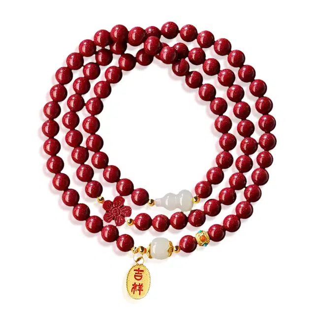 谧月珠宝 吉祥纳福三圈 新中式国潮气质小众高级感 轻奢复古 精致温柔 手饰 福禄平安招财转运 朱砂 玉石手串 女款