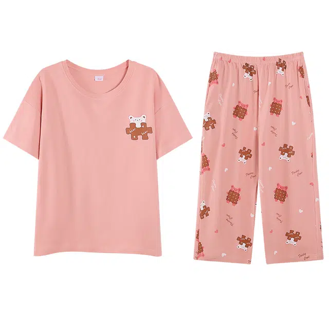 歌倩雅 卡通版休闲舒适亲肤短袖七分裤睡衣套装 女款 豆沙色
