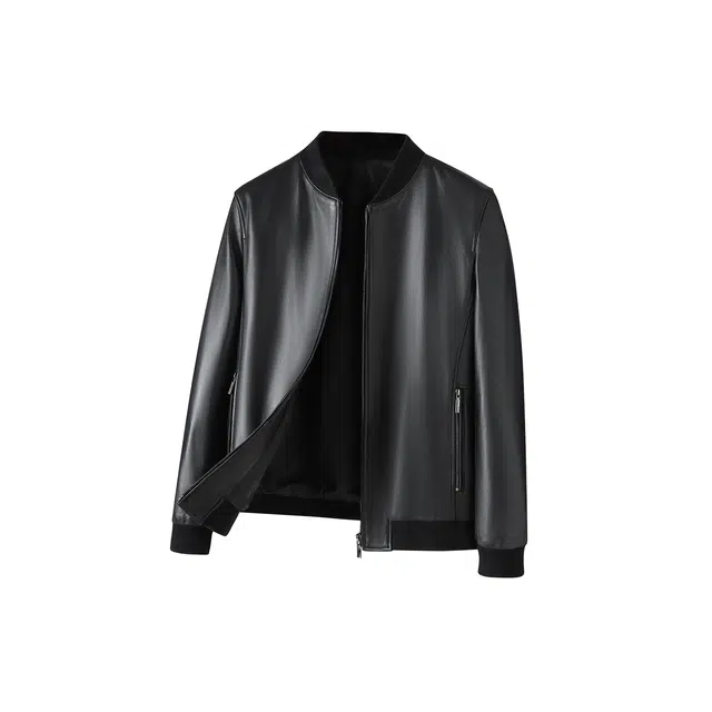 富铤 纯色棒球领拉链宽松长袖皮衣 男款 黑色