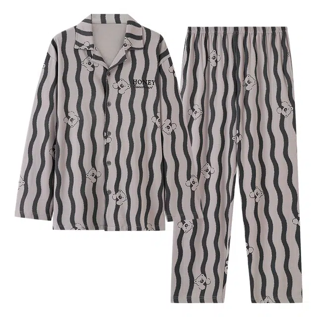 俏霓桐 时尚舒适柔软长袖亲肤休闲长裤睡衣套装 男款 条纹黑
