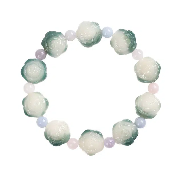 岁月静好 新中式国潮复古民族风雕刻炭烧飘花山茶花青茶闺蜜绕指柔文玩佛珠盘玩念珠转运招财纳福 菩提根 手串 男女同款情侣款