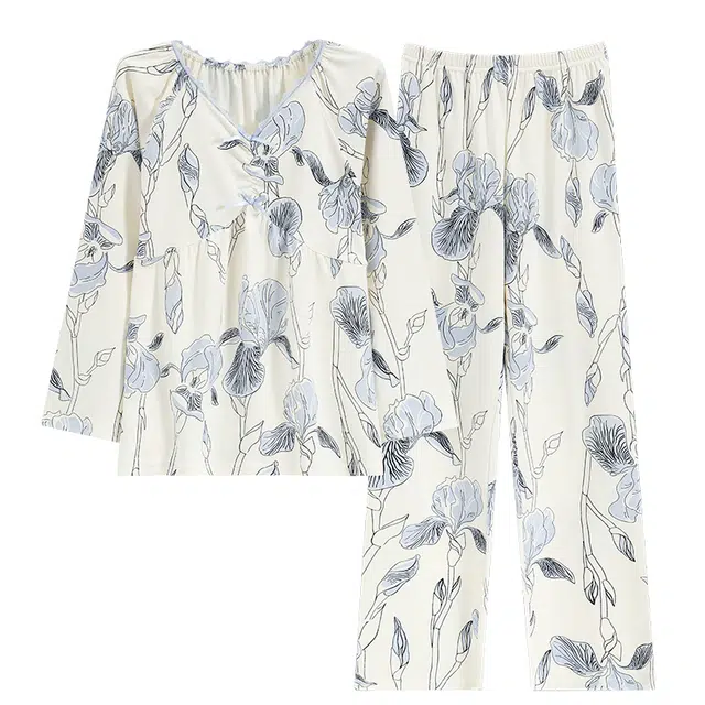 俏霓桐 亲肤舒适柔软长袖上衣可外穿长裤睡衣套装 女款 白色