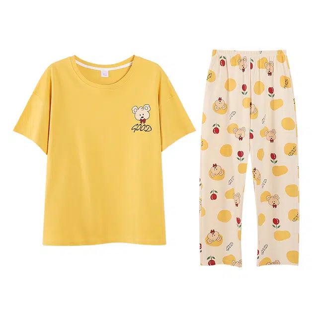 歌倩雅 舒适休闲简约短袖长裤睡衣套装 女款 黄色