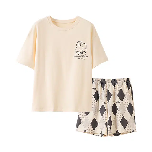 莫代尔 柔软短袖松紧裤腰不勒腹三分裤休闲可外穿可家居耐磨睡衣套装 女款 白色