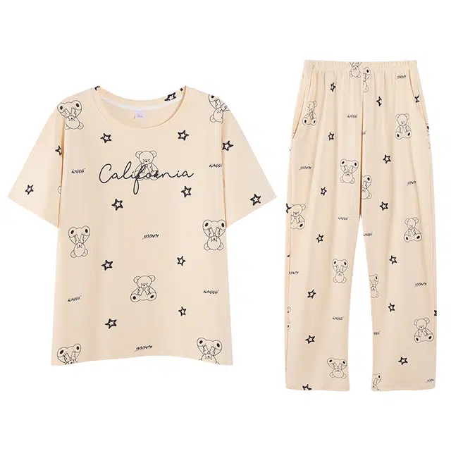 歌倩雅 套头圆领短袖透气家居服长裤睡衣套装 女款 杏色