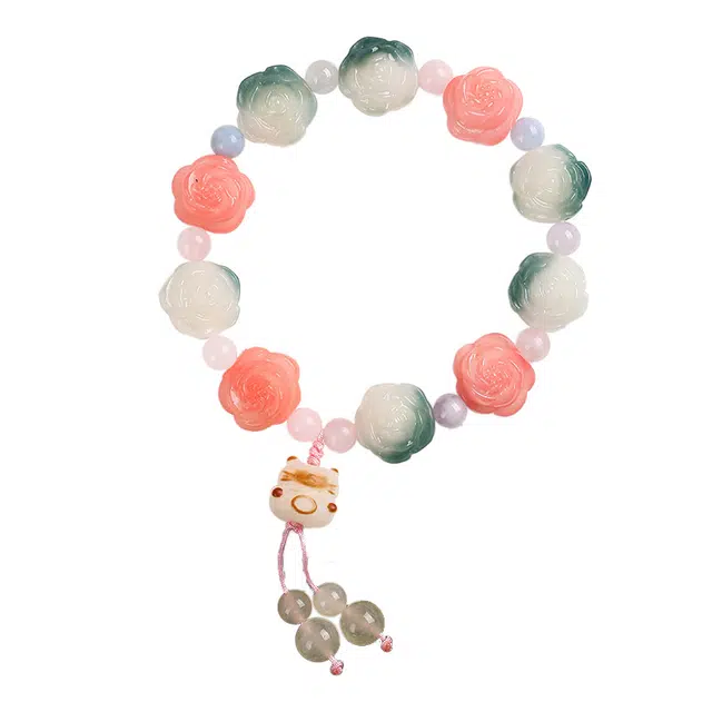 岁月静好 新中式国潮复古民族风雕刻炭烧飘花山茶花曲画闺蜜绕指柔文玩佛珠盘玩念珠转运招财纳福 菩提根 手串 男女同款情侣款