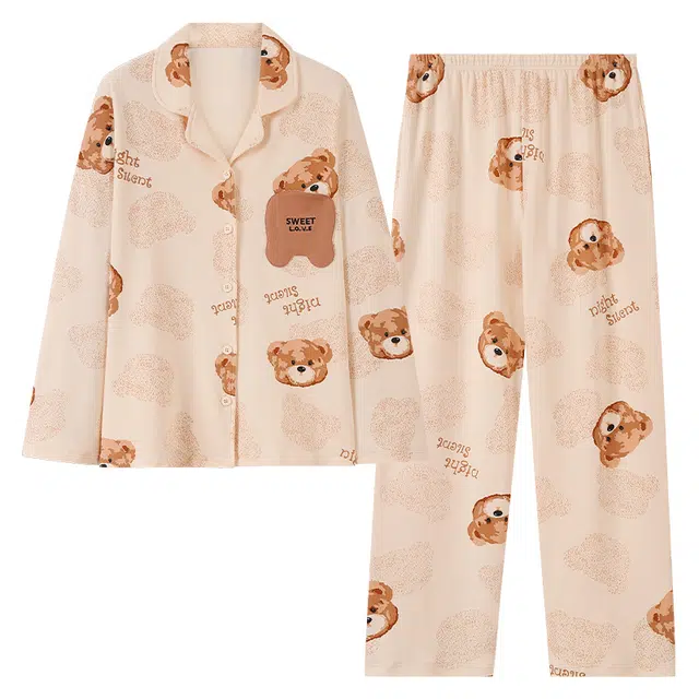 俏霓桐 亲肤舒适卡通小熊柔软长袖开衫休闲宽松可外穿睡衣套装 女款 图片色