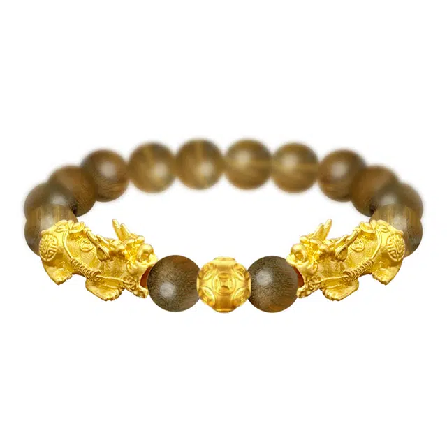 九隆古 貔貅招财吞金兽 双龙戏珠金钱珠转运 财源广进 新中式国潮风大方 合金 木作手串 男女同款情侣款 绿檀