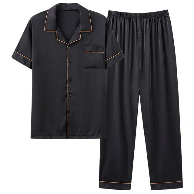 欧迪芬 宽松翻领纯色休闲短袖长裤可外穿睡衣套装 男款 黑色