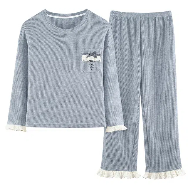 俏霓桐 圆领简约长袖上衣松紧腰长裤睡衣套装 女款 灰色