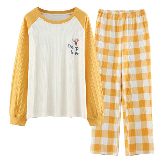 俏霓桐 亲肤舒适卡通柔软圆领长袖休闲可外穿长裤睡衣套装 女款 黄色