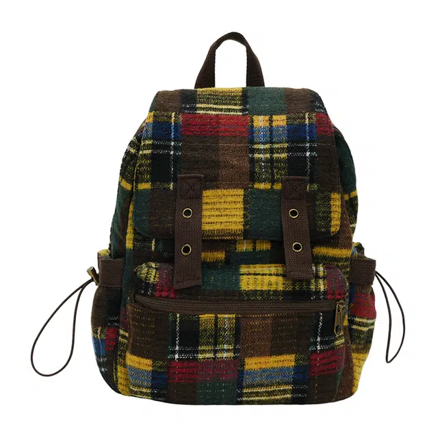 笛贝嘉 日系复古格子休闲百搭 呢子 双肩包 男女同款情侣款 绿色/红色/卡其色/蓝色