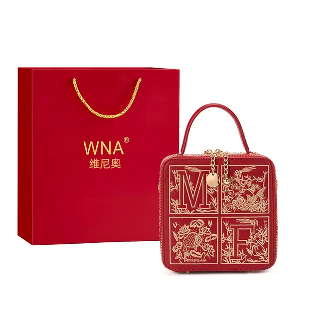 维尼奥 高级感刺绣百搭时尚新娘结婚包复古简约大气 合成革 单肩斜挎手提包 中号 女款 红色
