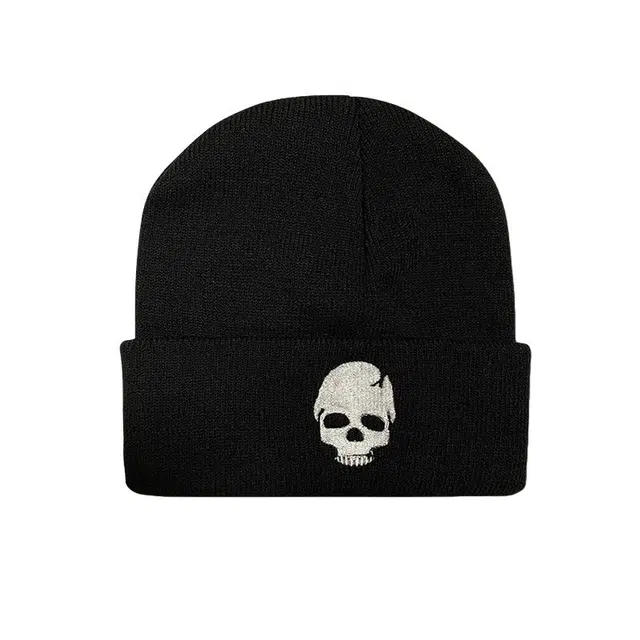 木林森 毛线帽朋克刺绣骷髅头冷帽个性嘻哈套头针织帽子 腈纶 绒线帽 男女同款情侣款