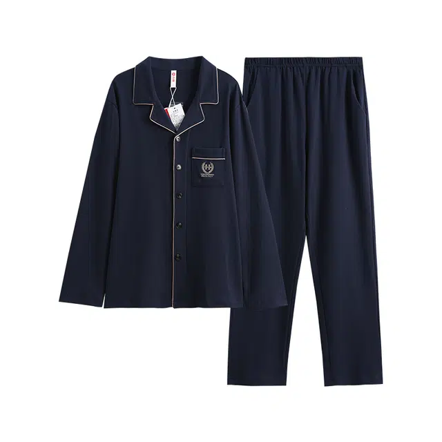 芬腾 简约透气翻领长袖开衫青年宽松中腰休闲加大码秋季睡衣套装 男款