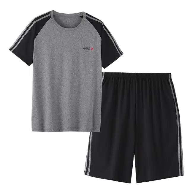 歌倩雅 圆领简约舒适字母上衣松紧腰三分裤睡衣套装 男款 黑灰