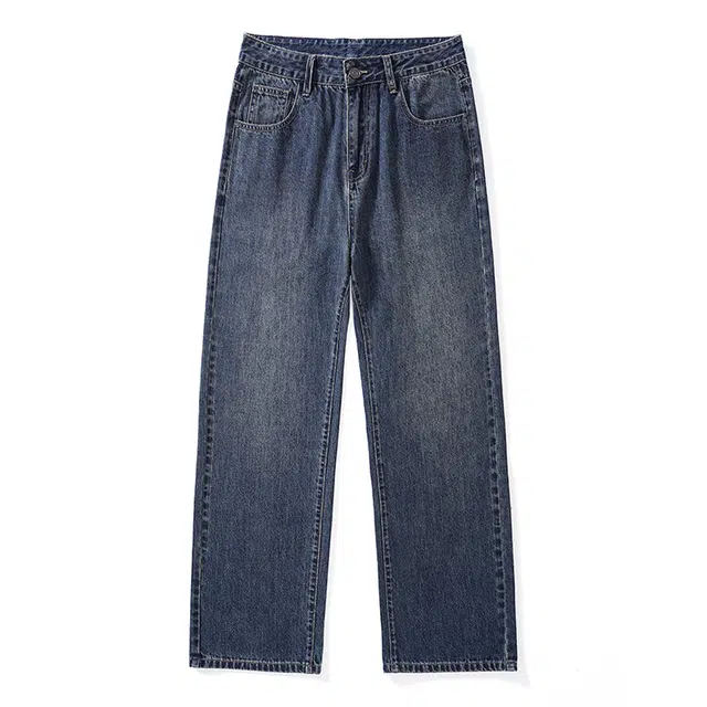 雅鹿 复古阔腿百搭宽松水洗休闲中腰耐磨牛仔裤 男款 深海蓝